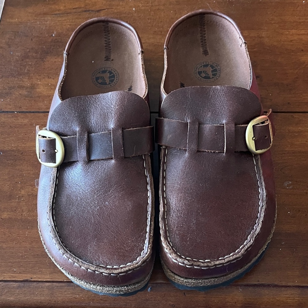Birkenstock Dark Brown Leather Clogs with Gold Buckle